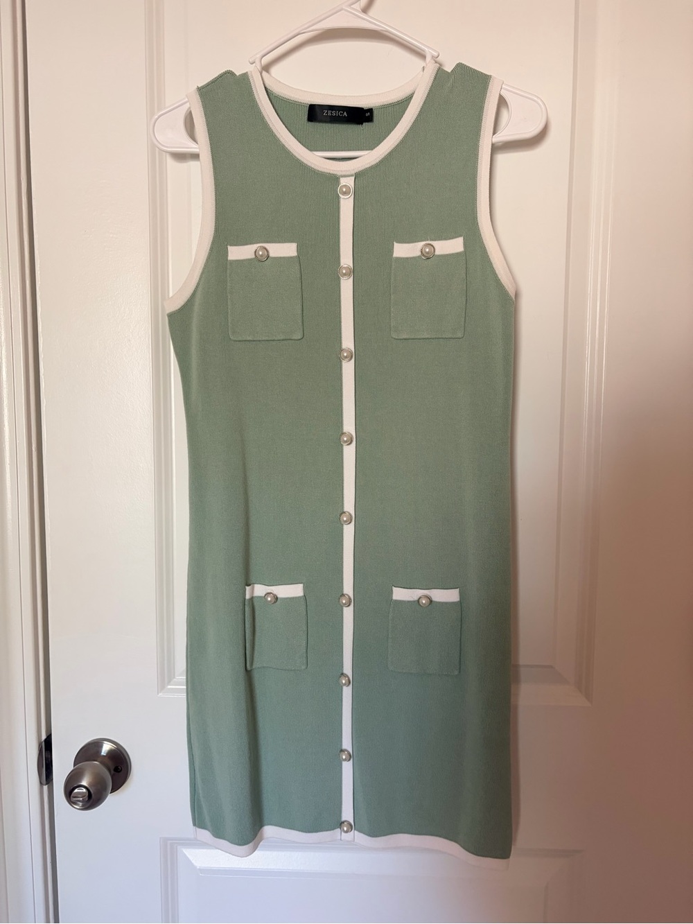 Zesica Sage Green Sleeveless Button-Front Mini Dress with White Trim